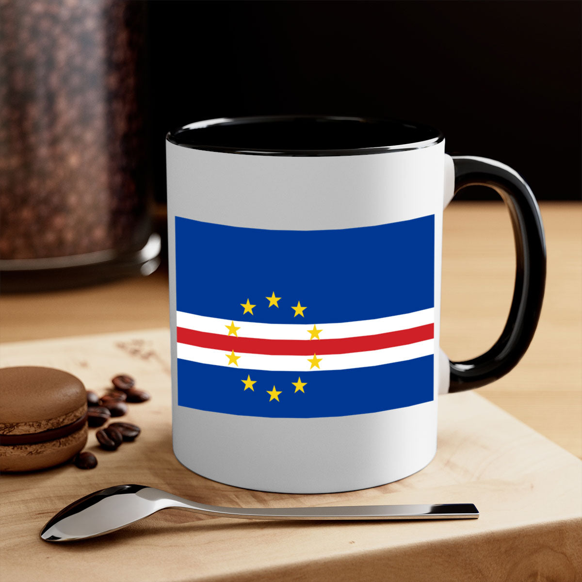 Cabo Verde 169# Mug featuring a glossy finish with a colorful handle and interior, available in multiple sizes.